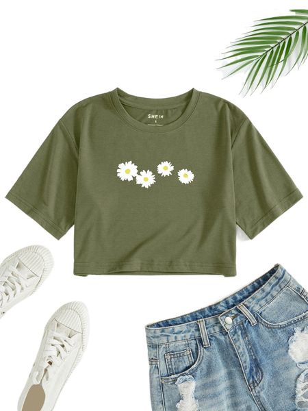 floral print round neck tee t4xo#, White