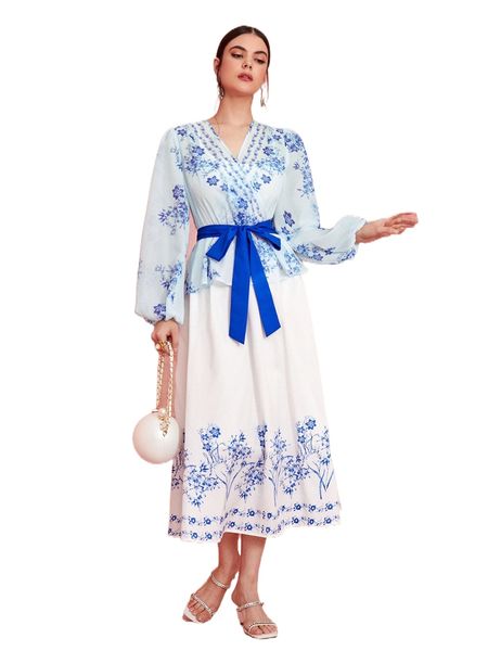 floral wrap belted blouse & skirt set x0su#, White
