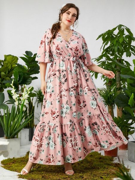 plus floral print flutter sleeve overlap collar ruffle hem belted dress x5lx#, Black
plus floral print flutter sleeve overlap collar ruffle hem belted dress x5lx#, Black