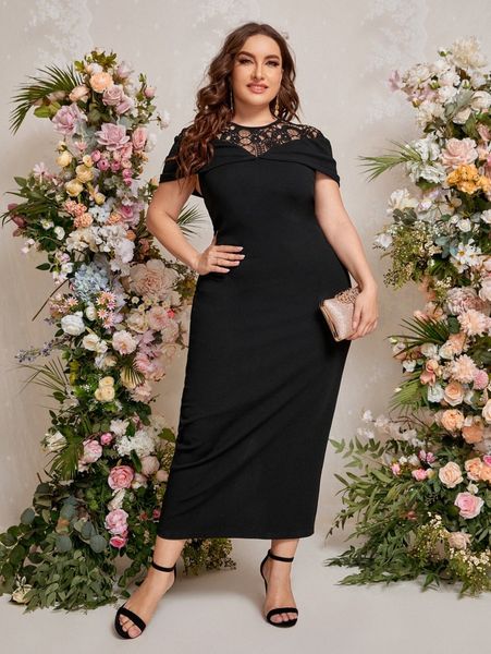 plus contrast lace zip back split hem dress a9id#, Black