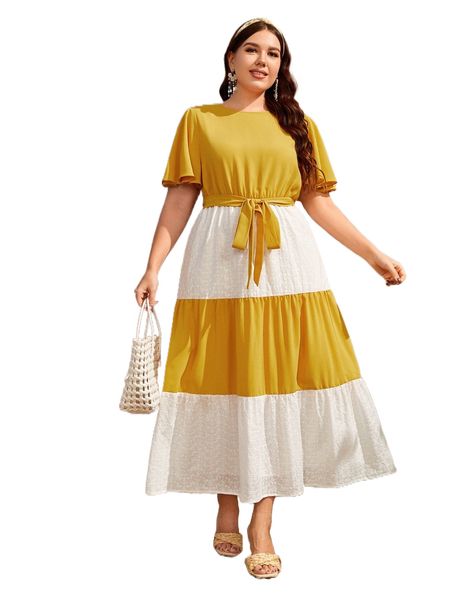 plus two tone contrast eyelet embroidery ruffle hem belted dress d31j#, Black 
plus two tone contrast eyelet embroidery ruffle hem belted dress d31j#, Black