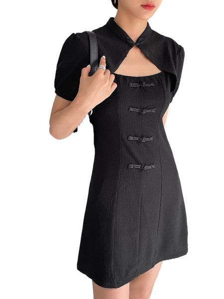 dazy cut out frog button front dress j7sa#, Black;gray 
dazy cut out frog button front dress j7sa#, Black;gray