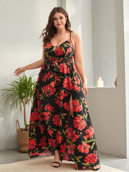 plus floral print cut out lace up backless maxi cami dress 24s2#, Black