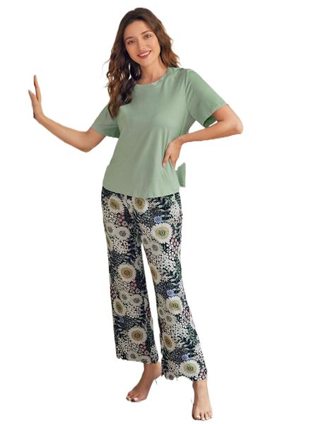 solid tee & floral print pants pj set x4fk#, Black;red
solid tee & floral print pants pj set x4fk#, Black;red