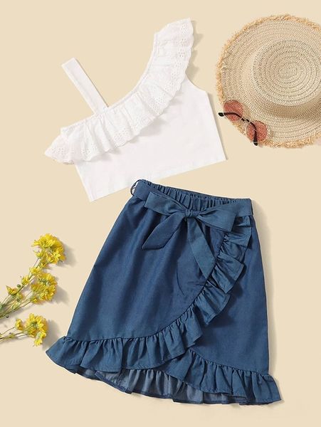 girls eyelet embroidery asymmetrical neck crop & ruffle trim belted skirt she, White
girls eyelet embroidery asymmetrical neck crop & ruffle trim belted skirt she, White