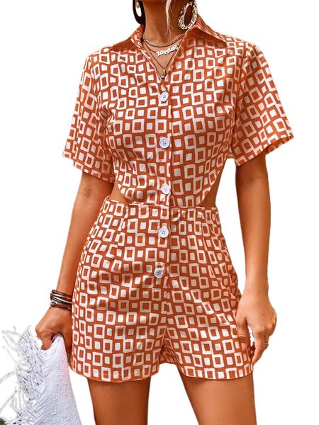 geo print cut out button front jumpsuit 56qs#, Black;white