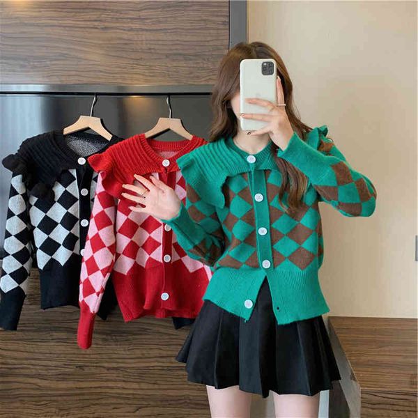 women's polos style knitted loose sweater women's spring design, baby collar diamond check cardigan g328, White
women's polos style knitted loose sweater women's spring design, baby collar diamond check cardigan g328, White
