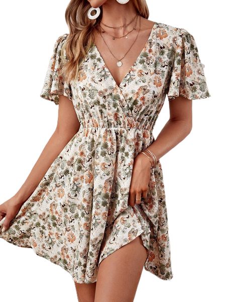 butterfly & floral print butterfly sleeve a-line dress l9m5#, Black;gray