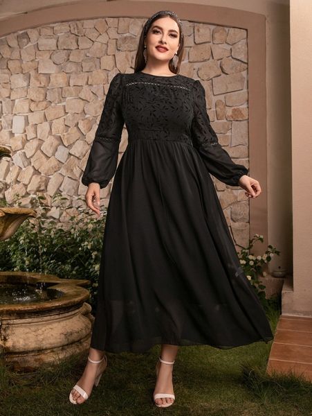 plus guipure lace insert lantern sleeve dress q0x5#, Black