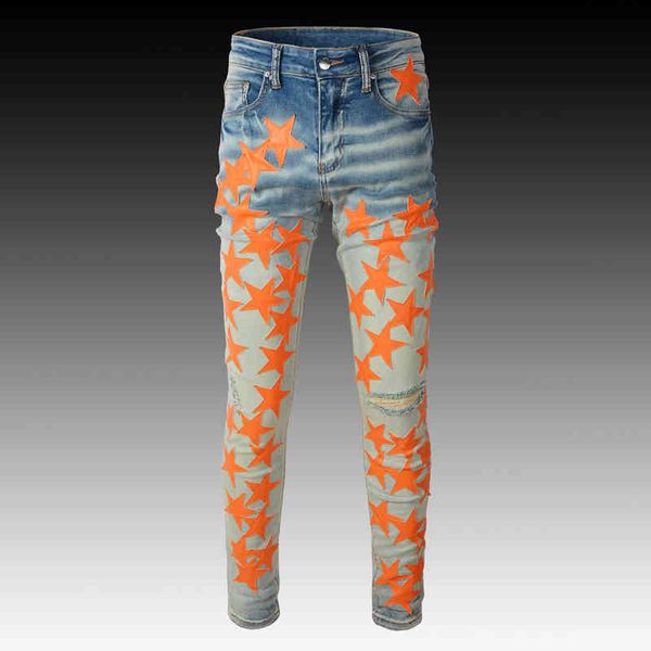 men's jeans high end jeans orange star patch hole elastic slim fit little feet trendy men's pants mqgm, Blue
men's jeans high end jeans orange star patch hole elastic slim fit little feet trendy men's pants mqgm, Blue