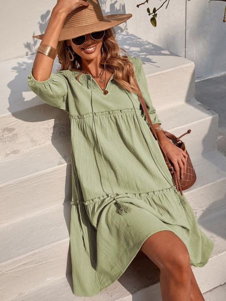 shirred tassel detail ruffle hem smock dress k793#, Black;gray
shirred tassel detail ruffle hem smock dress k793#, Black;gray