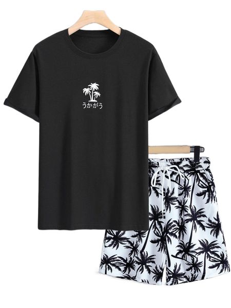 men tropical & japanese letter graphic tee & shorts w4bg#, Gray