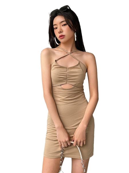 dazy cut out ruched crisscross cami fitted dress e0mq#, Black;gray
dazy cut out ruched crisscross cami fitted dress e0mq#, Black;gray