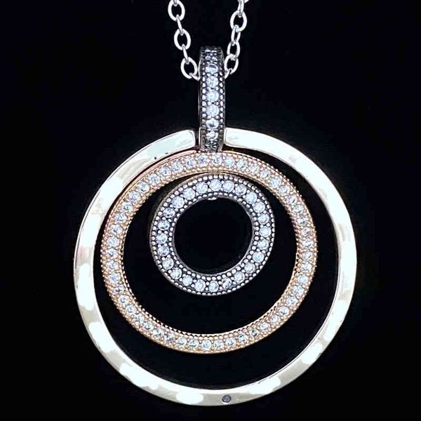 

original 925 sterling silver two-tone signature circles pendant with crystal necklace fit fashion bead charm diy jewelry