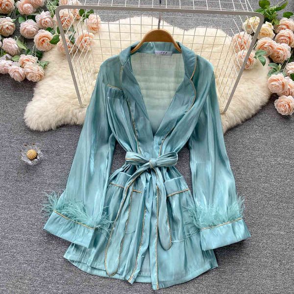 women's blouses shirts lazy pajama style coat design sense of minority streamer silk long sleeve waist strap medium loose shirt a09o, White
women's blouses shirts lazy pajama style coat design sense of minority streamer silk long sleeve waist strap medium loose shirt a09o, White