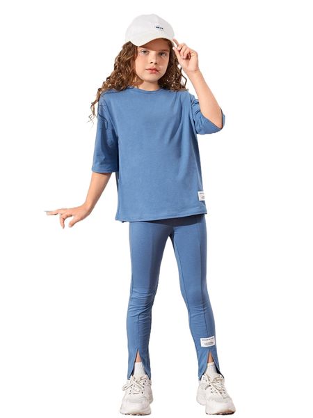 girls patched detail drop shoulder tee & slit hem pants a7oy#, Black;white
