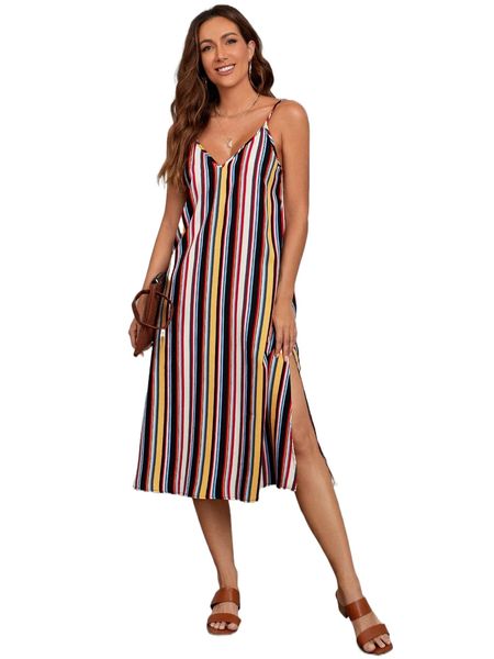 block striped split thigh cami dress q2ga#, Black;gray