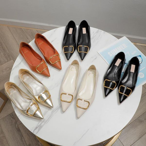 classic womens single shoes sandals genuine leather gold letter metal decoration casual flats fashion designers pointed shoes with box, Black
classic womens single shoes sandals genuine leather gold letter metal decoration casual flats fashion designers pointed shoes with box, Black