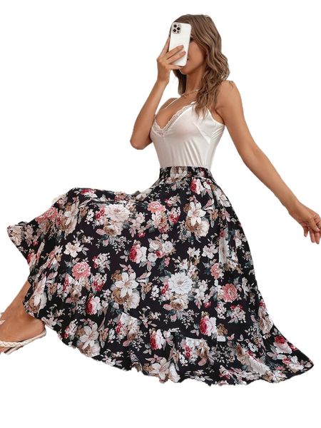 floral print ruffle hem skirt 00mk#, Black