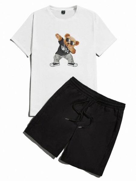 men bear & letter graphic tee & drawstring waist shorts t1ss#, Gray 
men bear & letter graphic tee & drawstring waist shorts t1ss#, Gray