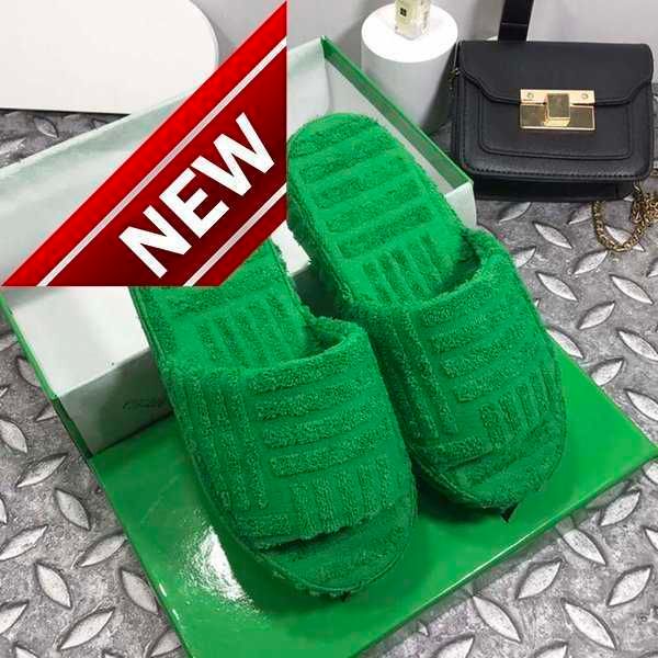 slippers sandals women designer slides fabric rubber outsole grass green sponge thick bottom slipper heel 3.5cm wedge sandal with box, Black