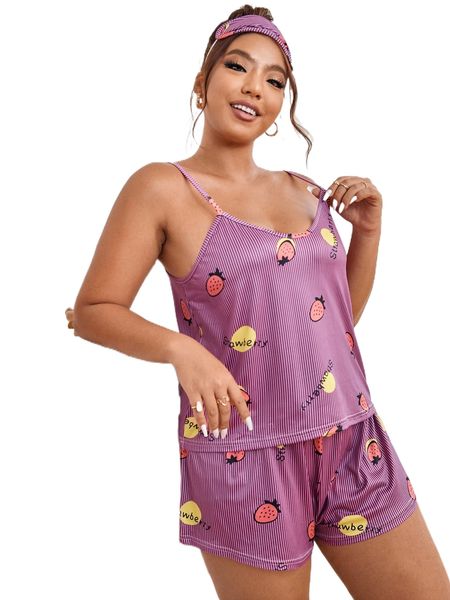 plus strawberry print pj set & eye cover x2oj#, Black;white