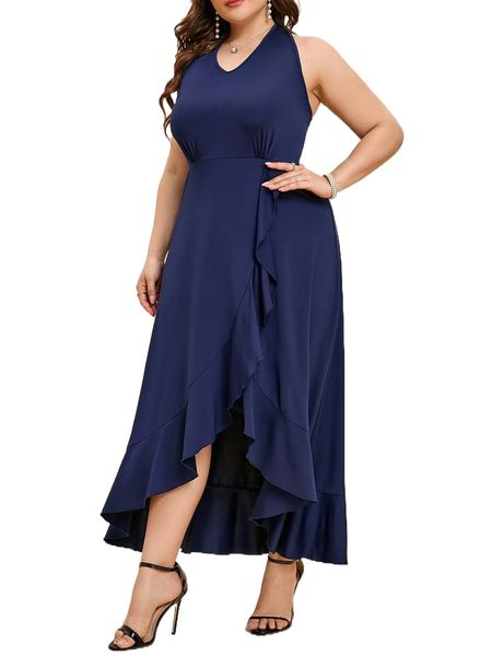 plus solid tie backless wrap hem dress 59zq#, Black