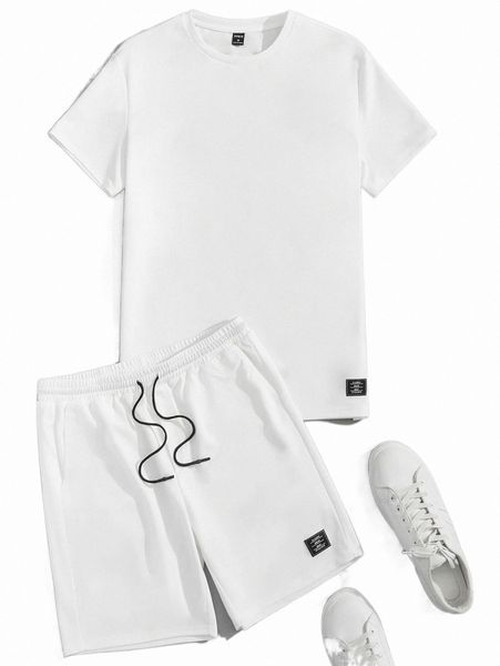 men letter patched detail tee & drawstring waist shorts 67ad#, Gray 
men letter patched detail tee & drawstring waist shorts 67ad#, Gray