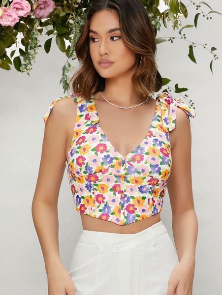 allover floral print tie shoulder tank n3oi#, White