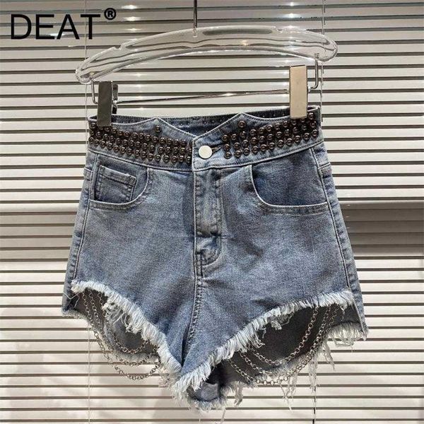deat women spring summer arrivals solid color high waist rivet bead hem tassel chain raw button denim shorts mz399 210709, White;black 
deat women spring summer arrivals solid color high waist rivet bead hem tassel chain raw button denim shorts mz399 210709, White;black