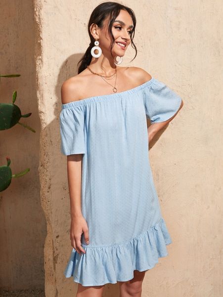 solid ruffle hem off shoulder smock dress l2v5#, Black;gray
solid ruffle hem off shoulder smock dress l2v5#, Black;gray