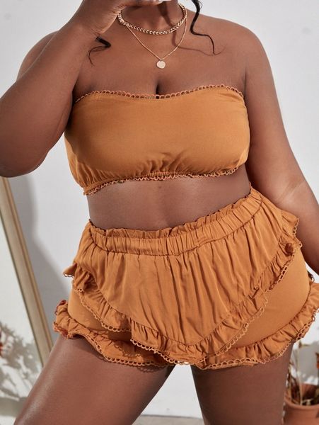 sxy plus tube and ruffle trim shorts t71u#, Black 
sxy plus tube and ruffle trim shorts t71u#, Black