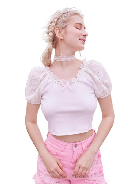 romwe eyelet embroidery puff sleeve tee z24t#, White
romwe eyelet embroidery puff sleeve tee z24t#, White
