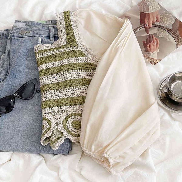 women's blouses shirts 2022 sweet little fresh green striped square neck hollow woven crochet mosaic chiffon shirt long sleeve sunscree, White