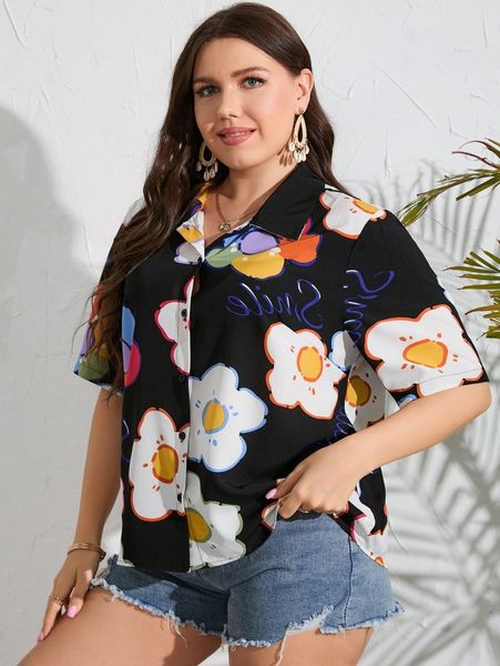 plus floral print button front blouse w5fa#, Black