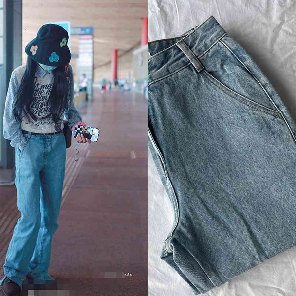 women's jeans p190195zm xu mengjie's same 22 slim split washed jeans, Blue
