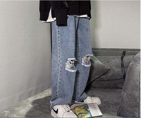 ripped jeans men's ins trend loose harajuku lazy wide-leg daddy trousers new summer, Blue 
ripped jeans men's ins trend loose harajuku lazy wide-leg daddy trousers new summer, Blue