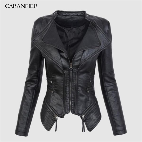 caranfier autumn women pu leather jacket faux soft leather coat short design zipper slim black motorcycle jacket 201214