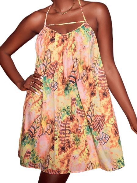 leaf print tie dye backless halter dress f72a#, Black;gray
