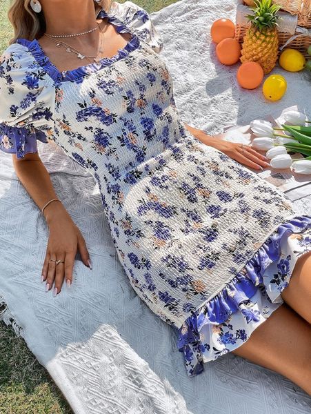 floral print shirred frill square neck puff sleeve layered hem dress b89u#, Black;gray
floral print shirred frill square neck puff sleeve layered hem dress b89u#, Black;gray