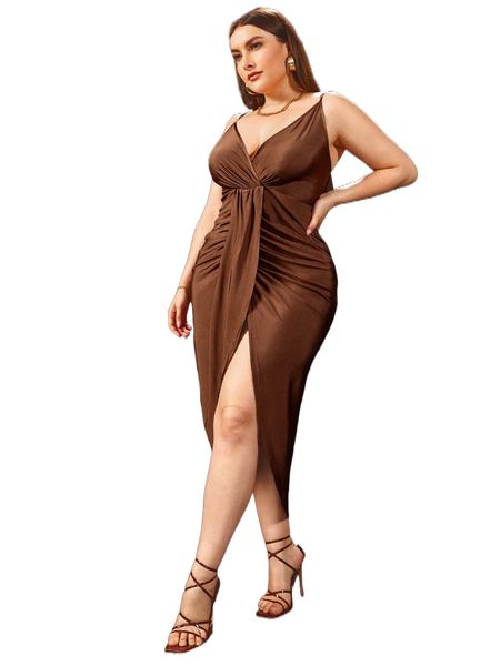 plus ruched wrap asymmetrical hem cami dress h3sv#, Black