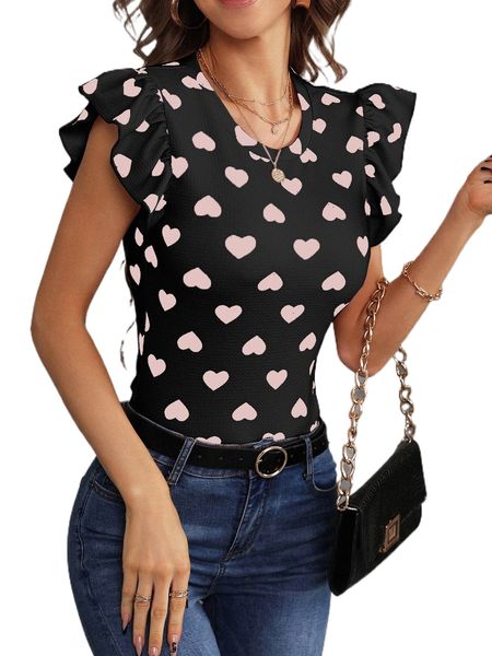 heart print ruffle sleeve tee 0677#, White
heart print ruffle sleeve tee 0677#, White