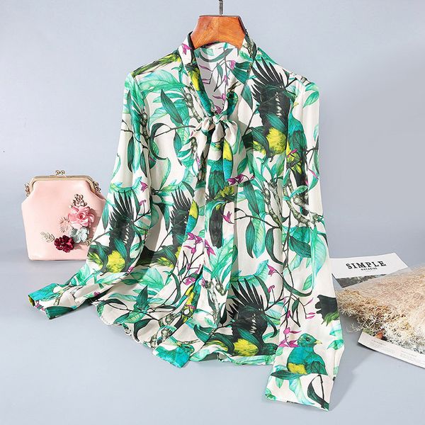 women's blouses & shirts lace up collar print temperament silk shirt women's long sleeve button cardigan blouse early spring wear, White 
women's blouses & shirts lace up collar print temperament silk shirt women's long sleeve button cardigan blouse early spring wear, White