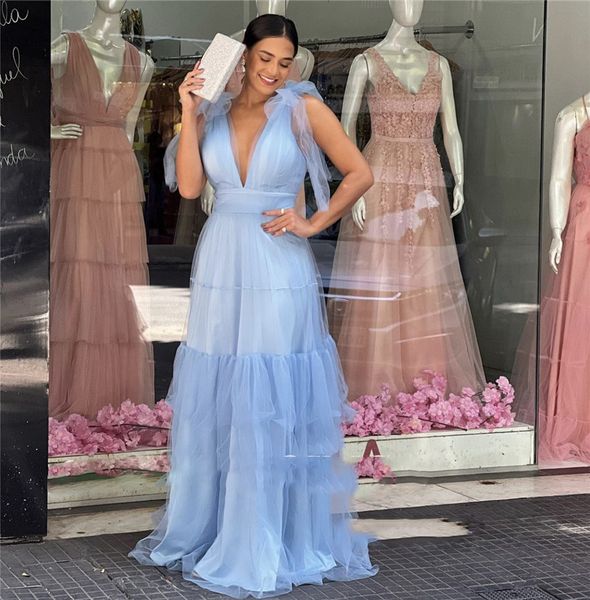 light blue tulle long prom dresses v neck bow shoulder tiered skirt arabic women evening gowns elegant party formal, Black
light blue tulle long prom dresses v neck bow shoulder tiered skirt arabic women evening gowns elegant party formal, Black