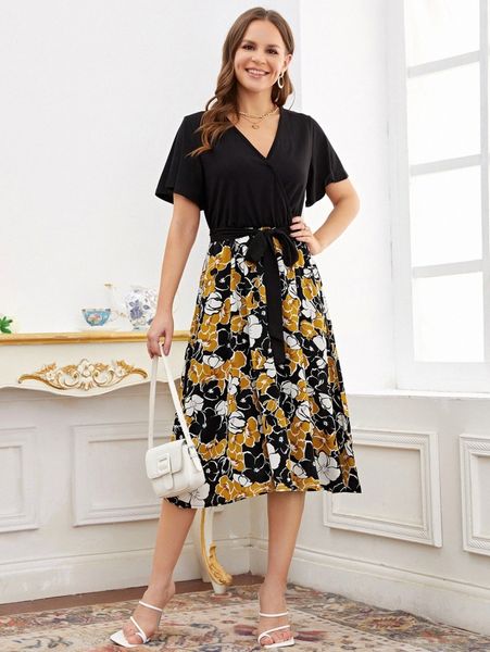 1pc floral print surplice neck belted dress f3ut#, Black;gray
1pc floral print surplice neck belted dress f3ut#, Black;gray