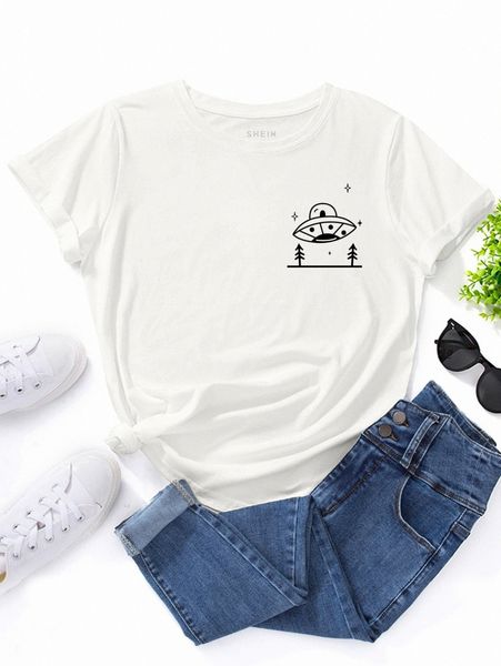 spaceship & tree print tee 66ux#, White 
spaceship & tree print tee 66ux#, White