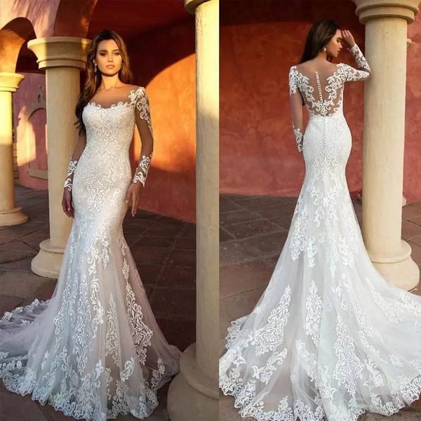 new arrival lace applique elegant boutique tulle sheer neck mermaid wedding dresses illusion see through bridal wedding gown with poet long, White
new arrival lace applique elegant boutique tulle sheer neck mermaid wedding dresses illusion see through bridal wedding gown with poet long, White