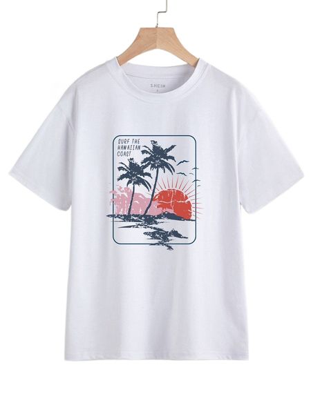 tropical and letter graphic tee 66b8#, White