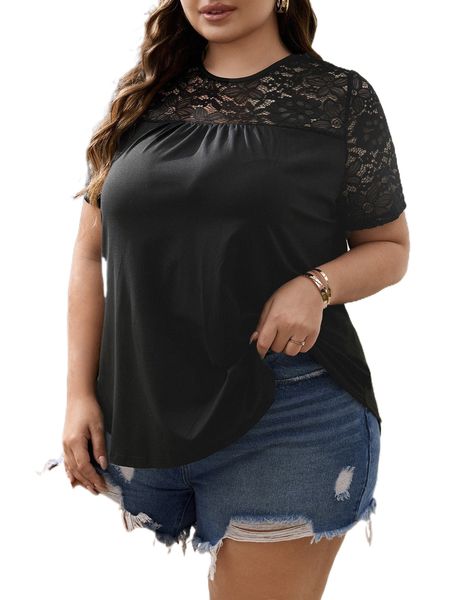 plus contrast lace ruched tee h4b1#, Black