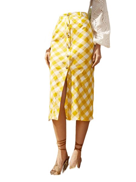 high waist gingham print button front split hem skirt o1u9#, Black
high waist gingham print button front split hem skirt o1u9#, Black